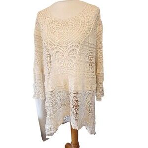 Fairy Core Boho Cato Cream Crochet Lace Tunic 3/4 Sleeves Size 22/24W